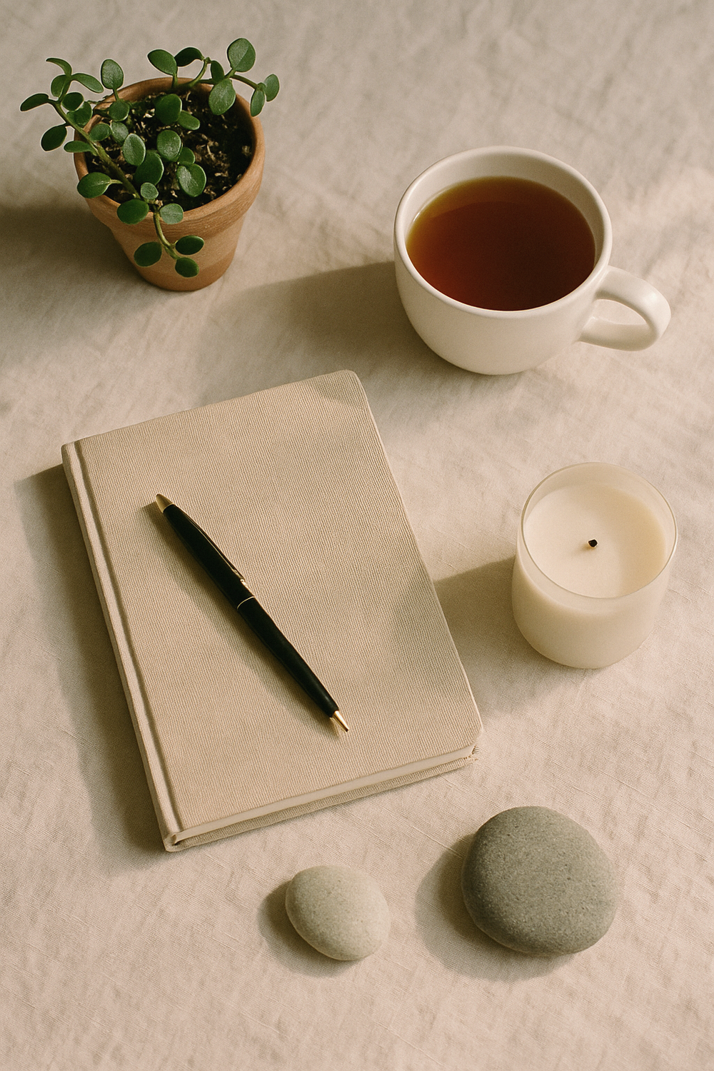 Overhead flat lay of a simple desk with an open notebook, a phone showing a timer, a glass of water, and a small plant on a light wooden surface - no text, no logos