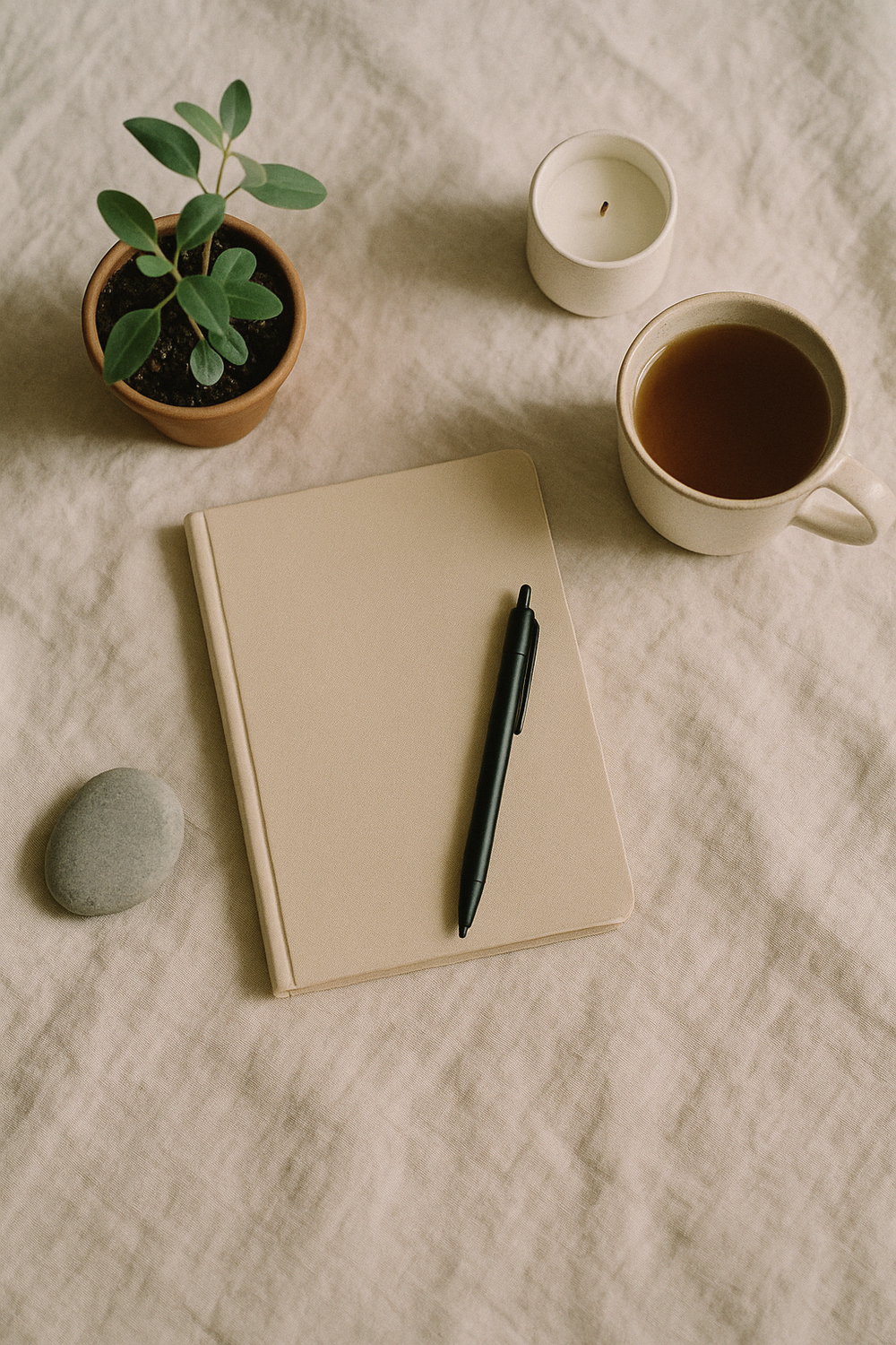 Overhead flat lay of several small snack containers with fruit, nuts, and cut vegetables beside an open journal and a pen on a light countertop - no text, no logos