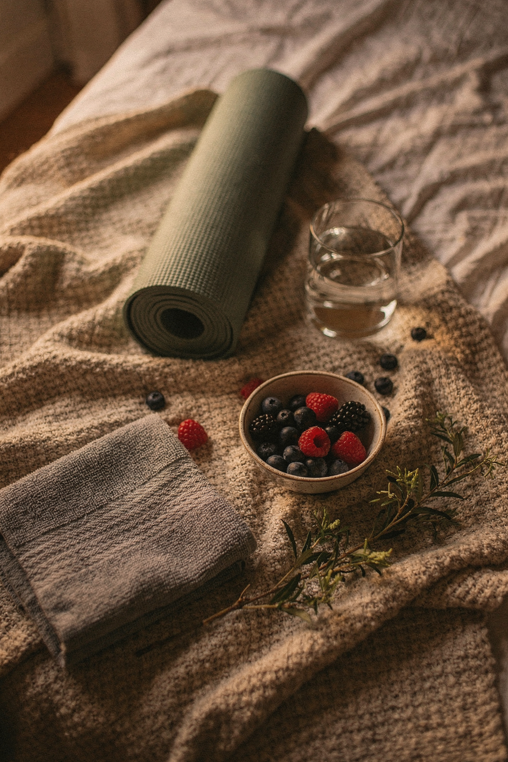 A rolled yoga mat, a glass of water, a small bowl of berries, a folded grey towel, a sprig of greenery. Quiet and restorative. , no text, no logos