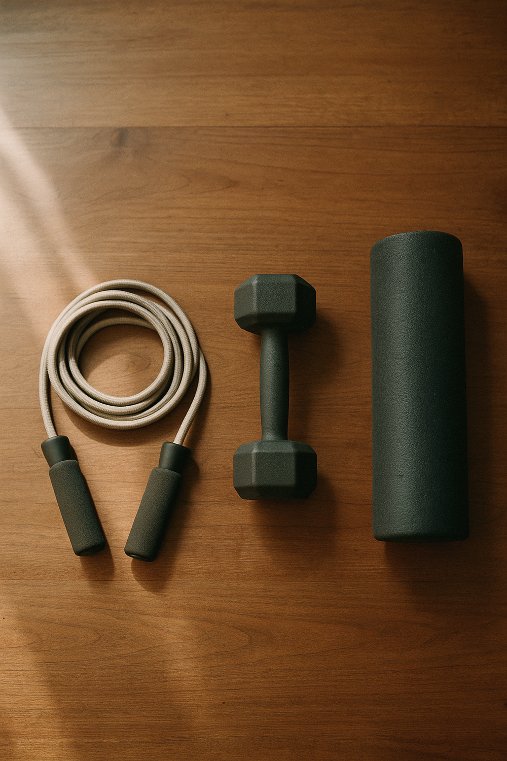 Three objects arranged on a warm wood surface suggesting progression - a coiled resistance band, a single dumbbell, and a foam roller - soft natural light, no faces, no hands
