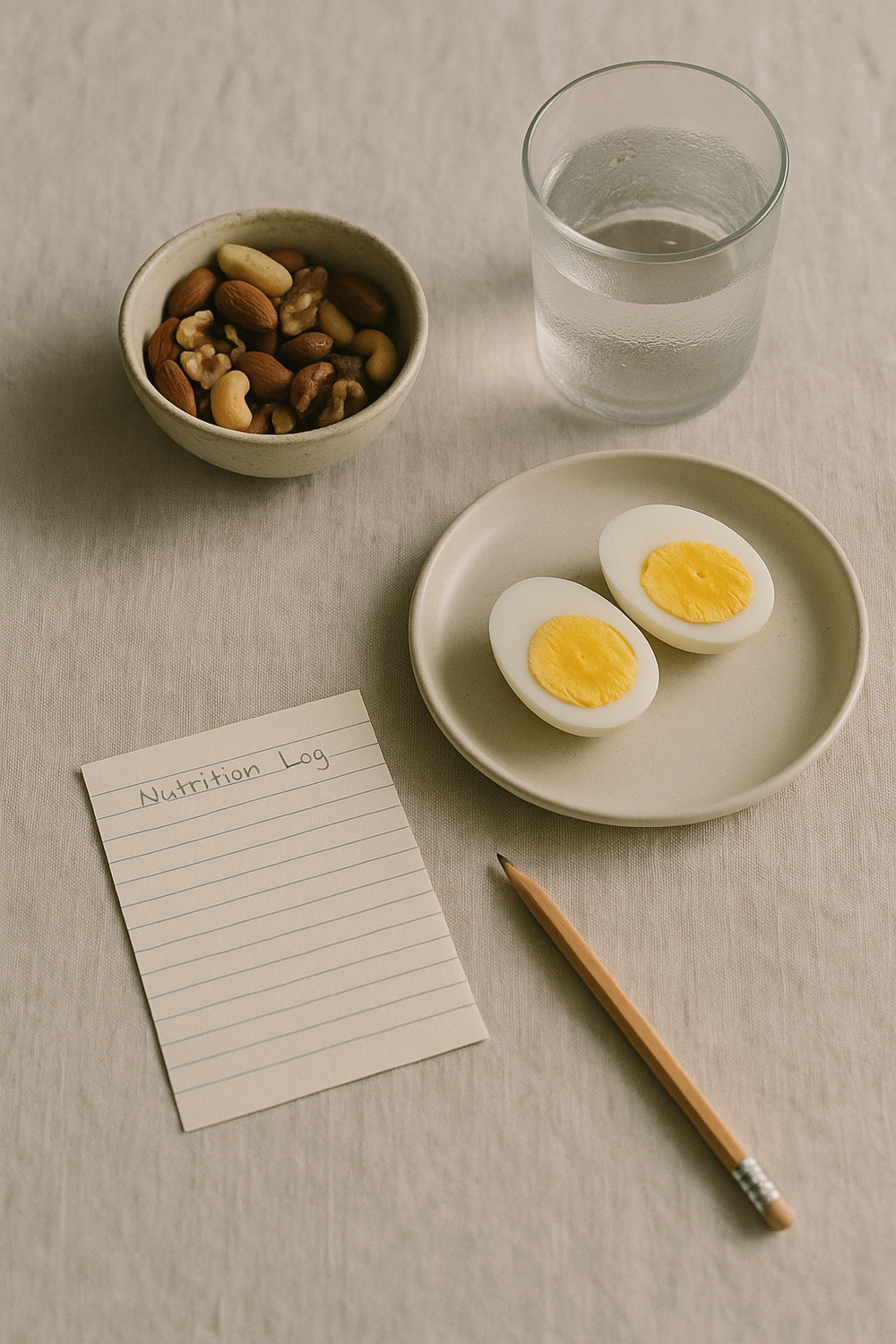 Overhead flat lay on linen - a small bowl of mixed nuts, a sliced hard-boiled egg on a plate, a glass of water, and a simple handwritten nutrition log with a pencil, soft diffused light, no faces, no hands