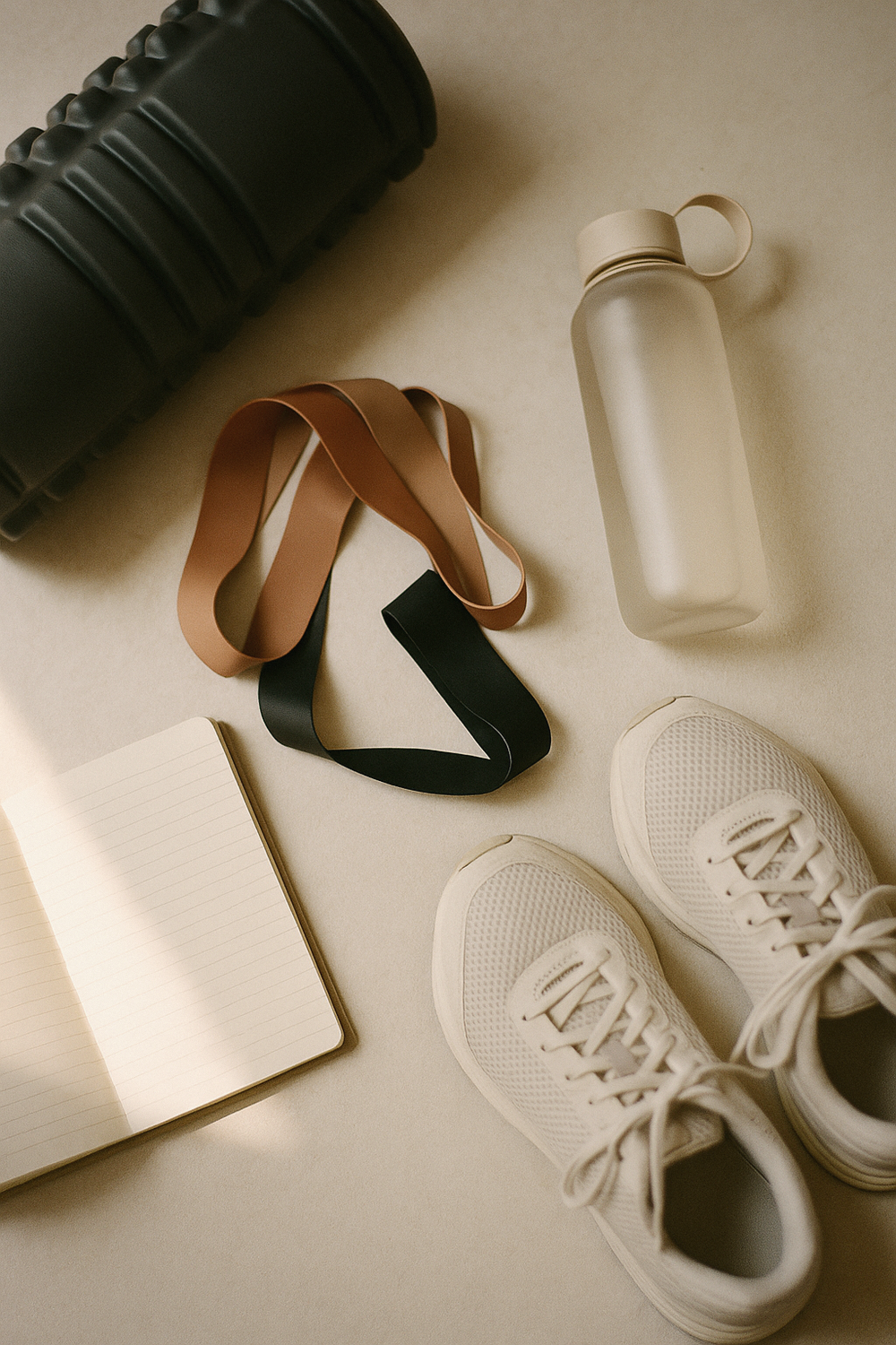 Overhead flat lay on a light linen surface - an open journal with a pen resting across it, a small plant in a simple pot, and a cup of tea, soft natural light, no faces, no hands