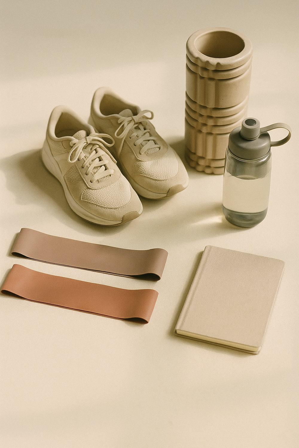 Calm overhead flat lay on a light wood floor - a rolled yoga mat, a pair of comfortable trainers beside it, and a small water bottle, soft diffused light, no faces, no hands