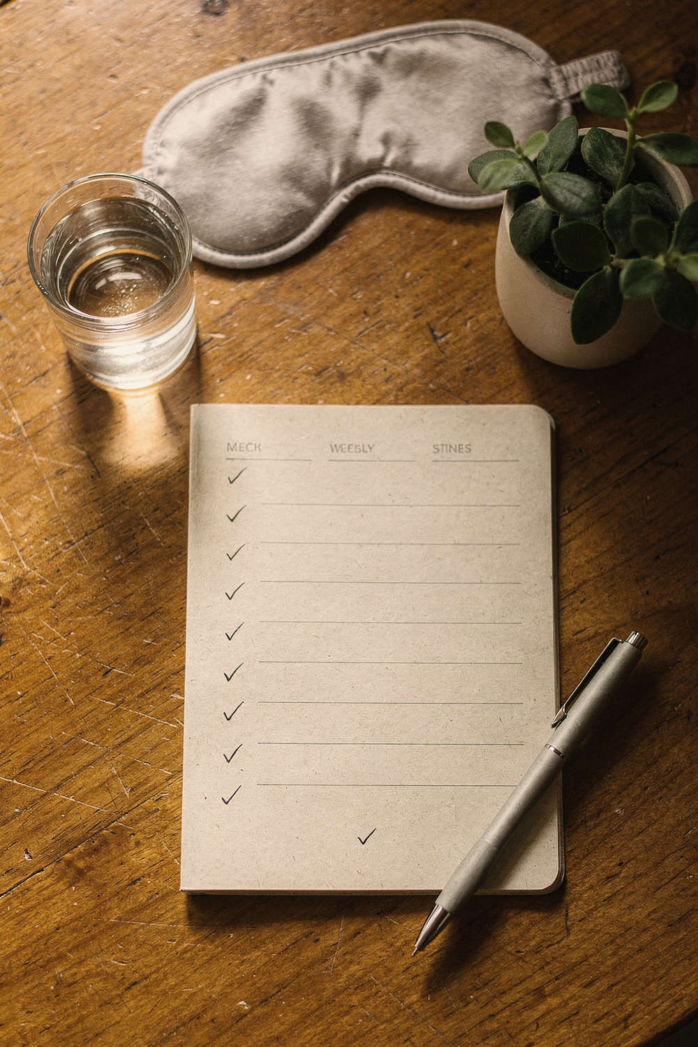 A weekly planner open with checkmarks, a glass of water, a small potted plant, a sleep mask, and a pen. , no faces, no hands
