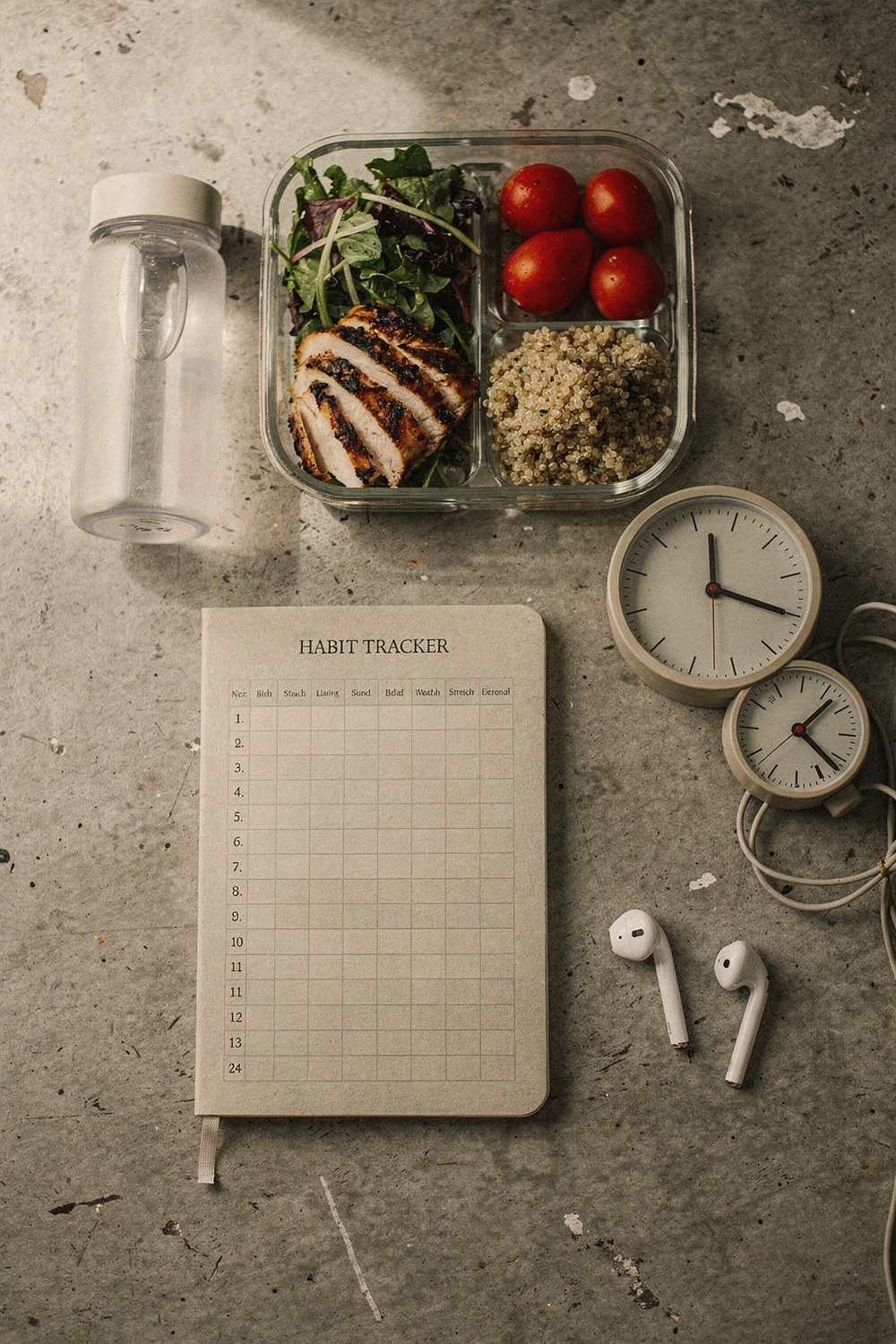 A habit tracker notebook, a balanced meal in a glass container, a water bottle, a small alarm clock, and a pair of earbuds. , no faces, no hands