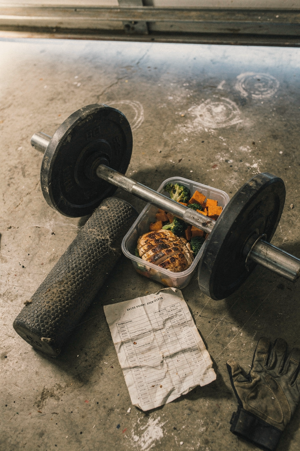 Loaded barbell, dusty foam roller, a meal prep container, and a crumpled gym schedule on a garage floor