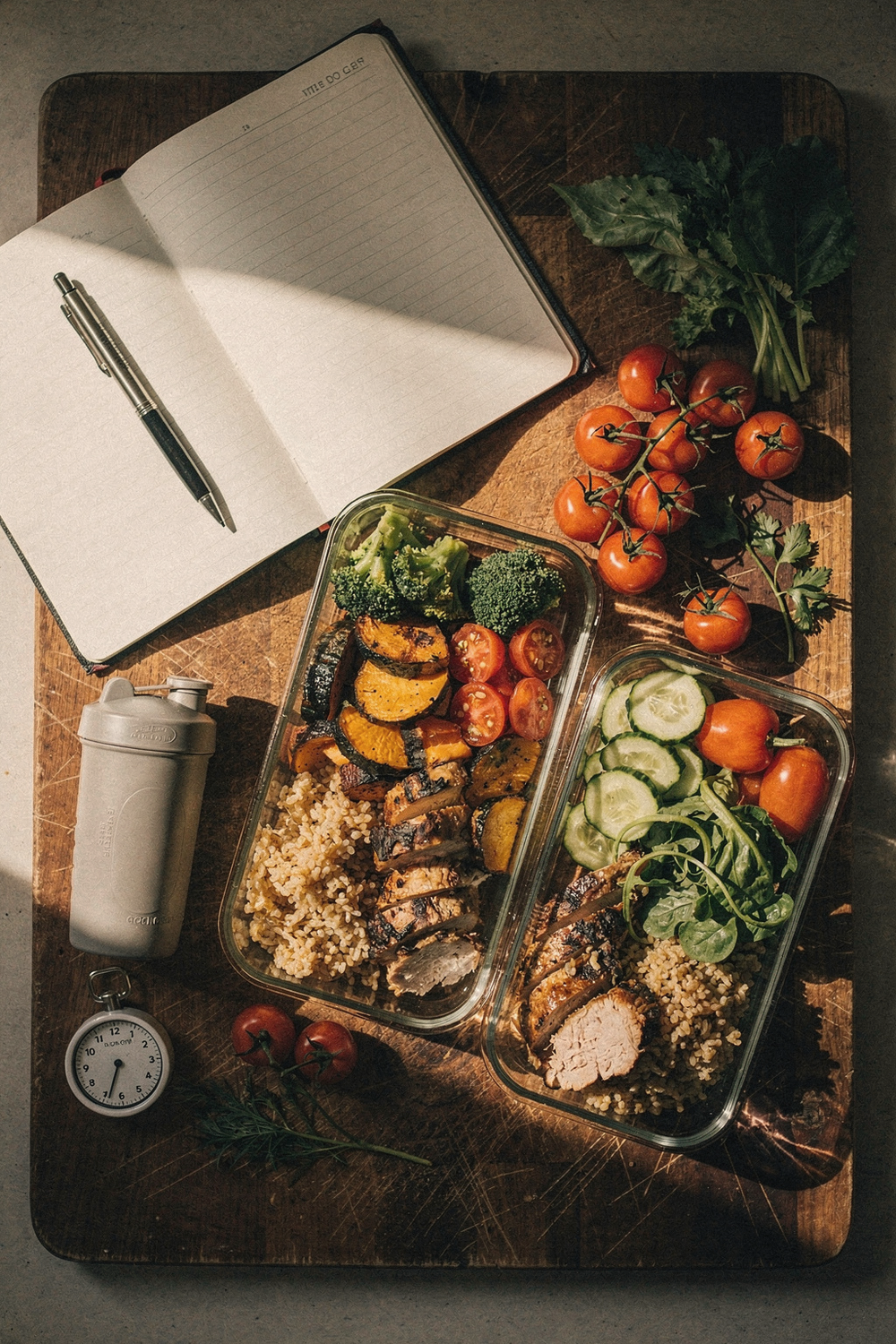 A prepped meal in containers, a notebook with food log entries, a shaker bottle, fresh vegetables, and a small timer. , no faces, no hands