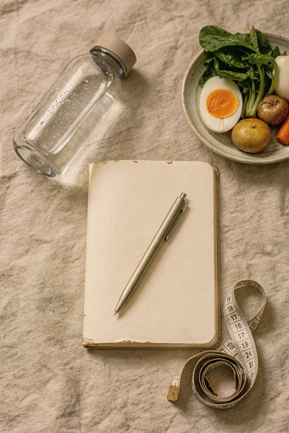 An open notebook with a pen, a water bottle, a small dish of whole foods like eggs and greens, and a tape measure. , no text, no logos