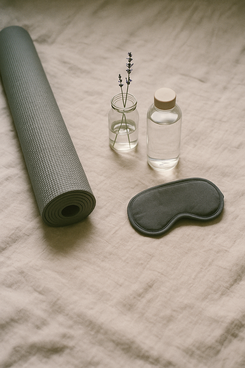 A rolled yoga mat beside a small glass jar with a lavender sprig, a simple water bottle, and a sleep mask folded neatly. , no text, no logos