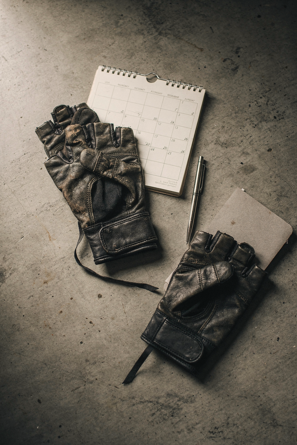 A calendar with workout notes, a worn pair of training gloves, a fresh pair of training gloves, a notebook, and a pen. , no faces, no hands