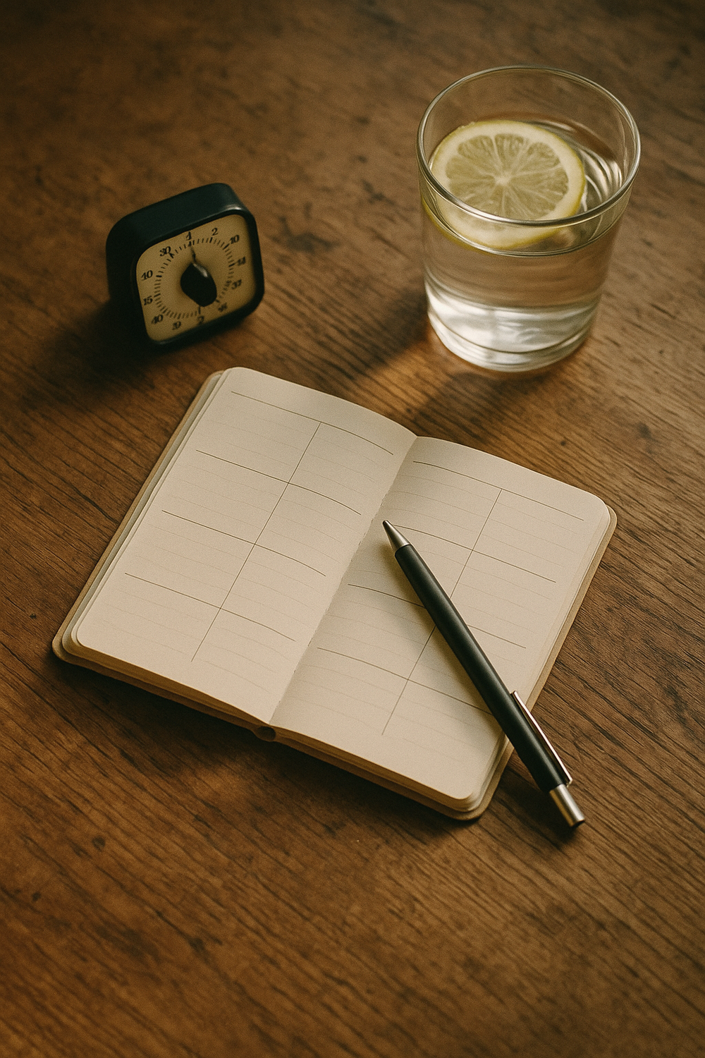 A small daily planner open to a week view with a pen resting diagonally, a tiny analog timer, and a glass of water with a lemon slice beside it. , no text, no logos