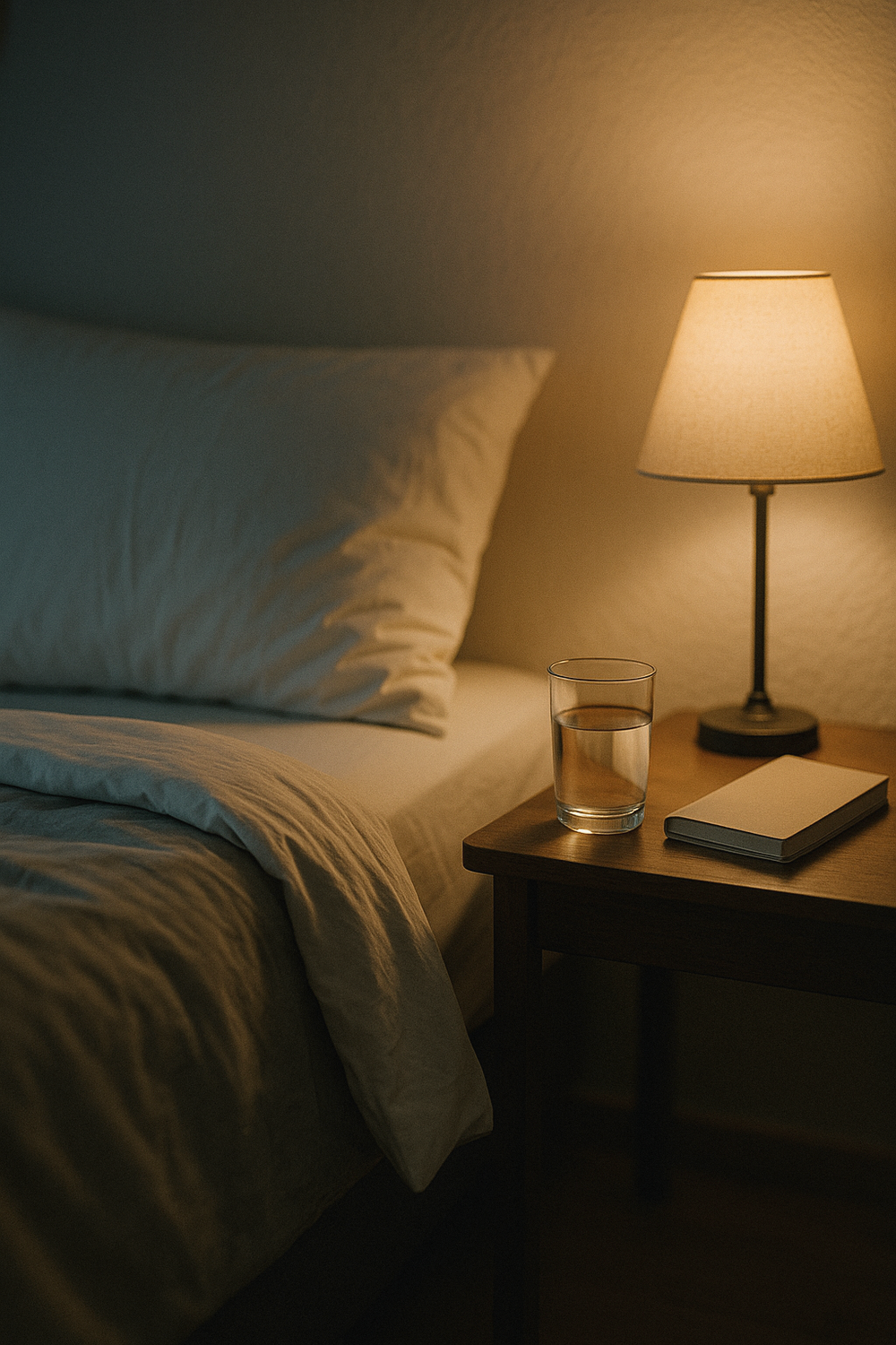 A neatly made bed with soft white and grey bedding, a glass of water on a small nightstand beside a closed notebook, peaceful and minimal, no faces, no hands