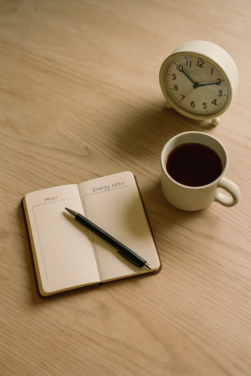 A small open journal with two columns sketched out - 'meal' and 'energy after' - a pen resting across it, a cup of black tea, a simple analog clock. Simple, honest, observational. No text, no logos, no faces, no hands
