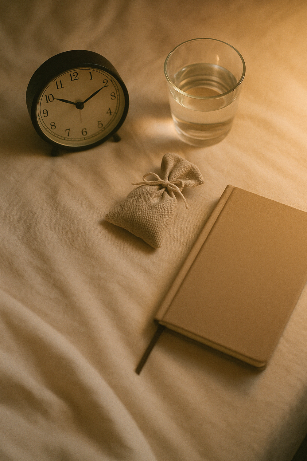 A simple analog clock showing 10pm, a glass of water, a small lavender sachet, a closed journal with a bookmark. No text, no logos, no faces, no hands