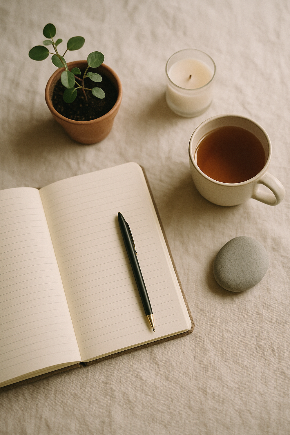 A neatly made bed with soft white bedding, a glass of water on a small nightstand, a dim lamp, a closed journal beside the lamp, quiet and minimal, no faces, no hands