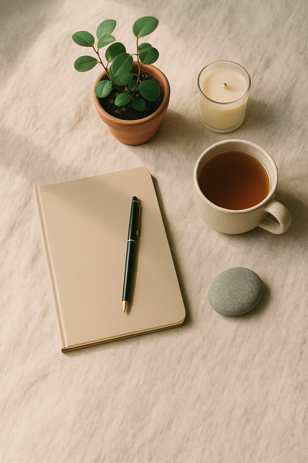 An open notebook with a short handwritten list, a fine-tip pen resting on the page, a small potted plant, a cup of tea on a wood surface, no text visible, no logos, no faces, no hands