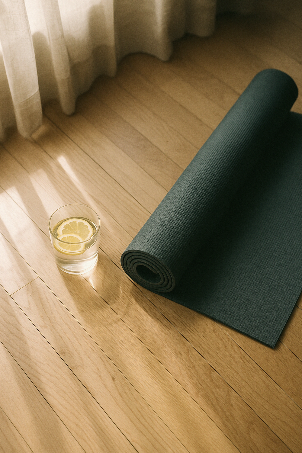 A yoga mat partially rolled up on light hardwood floors near a window, a glass of water with lemon slices beside it, soft afternoon light streaming through sheer curtains. No faces, no hands, no logos.