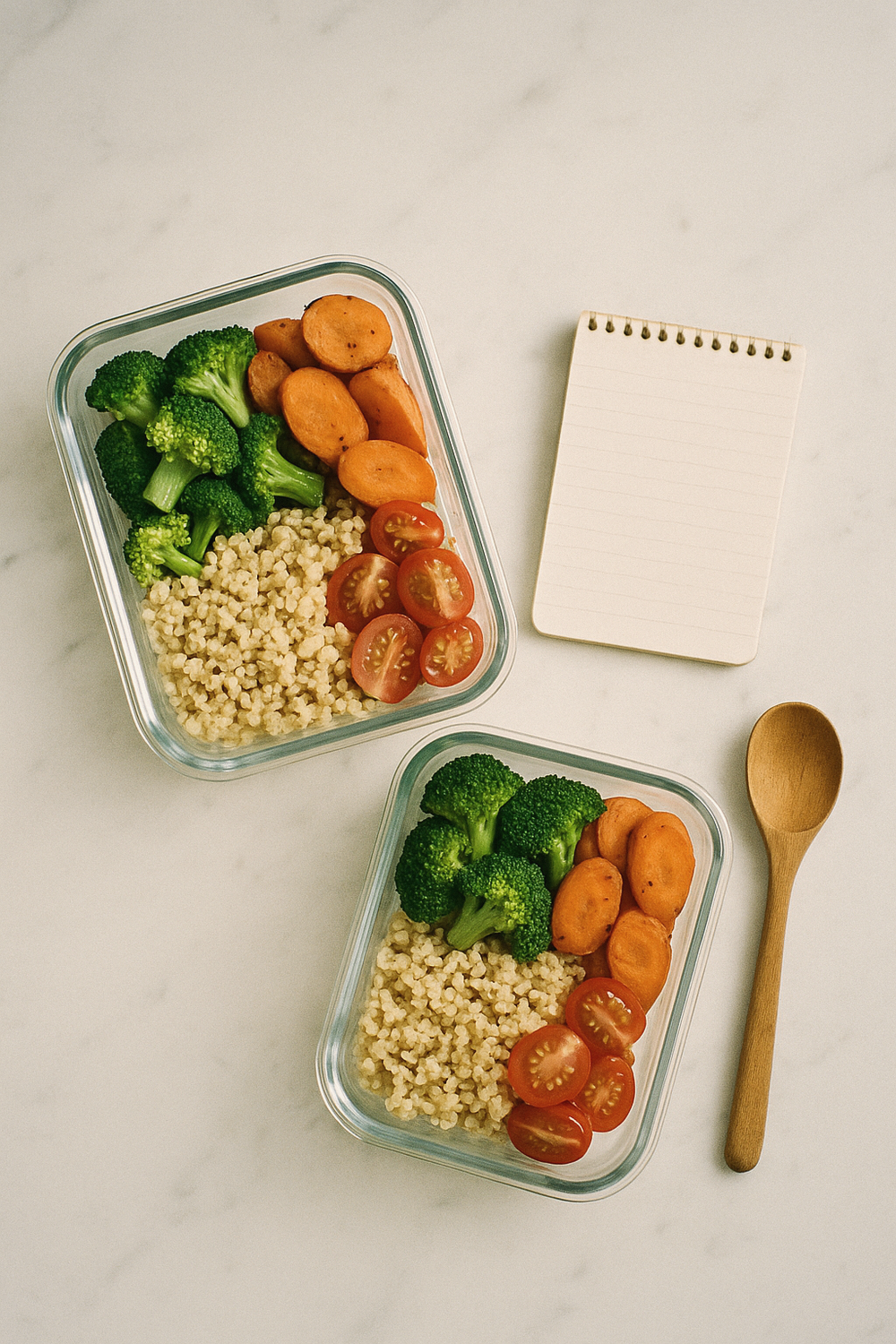 Overhead flat lay of two glass meal prep containers with colorful vegetables and grains, a small notepad with a grocery list, a wooden spoon, on a clean white marble countertop. No faces, no hands, no logos.