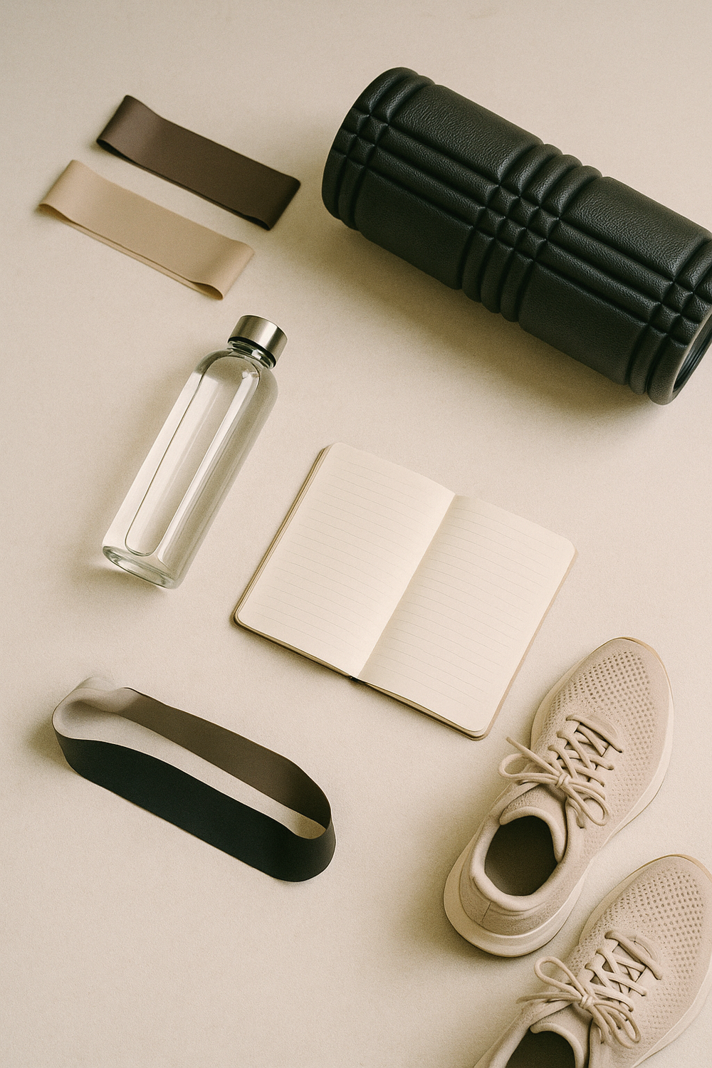 A glass of water and a small journal with a pen resting on a light wooden surface, soft natural light, calm minimal setting. No faces, no hands, no logos.