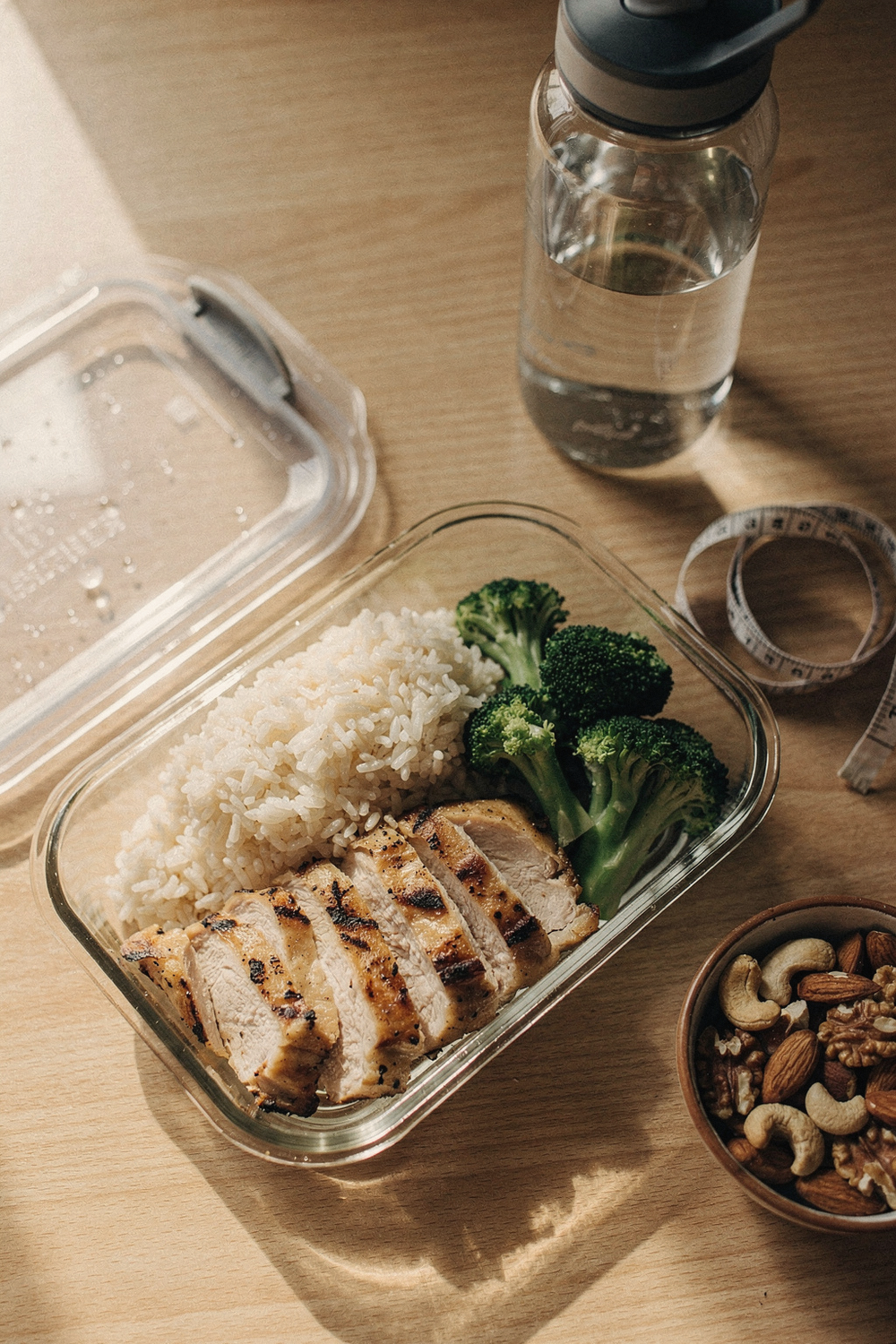 Meal prep container with grilled chicken, rice, and steamed broccoli beside a water bottle