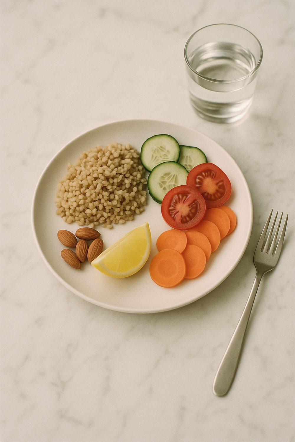 A plain white dinner plate with sections loosely filled with grains, sliced vegetables, a small portion of nuts, and a lemon wedge. A fork resting beside the plate, a small glass of water nearby. No text, no logos, no faces, no hands