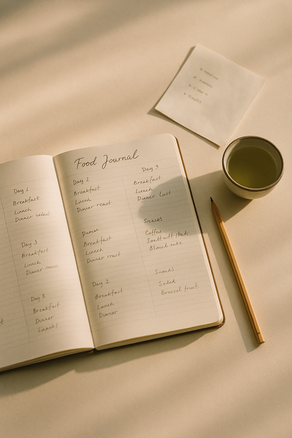 An open food journal with handwritten notes across three days, a pencil, a small cup of green tea, a folded piece of paper with a simple list. No text, no logos, no faces, no hands