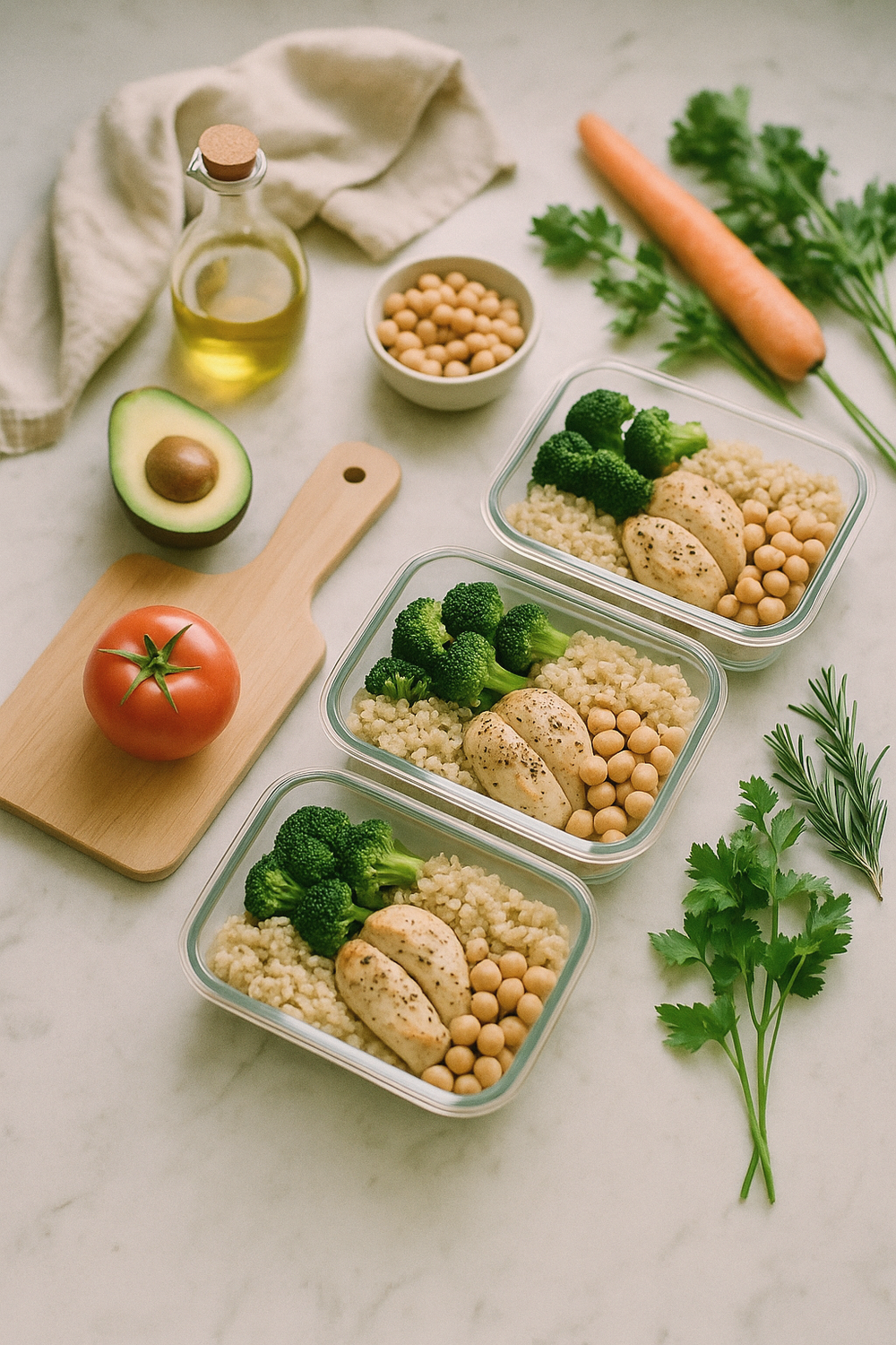 A kitchen counter with neatly stacked meal prep containers filled with food, a folded dish towel, and a handwritten shopping list in soft natural light. No faces, no hands, no logos.