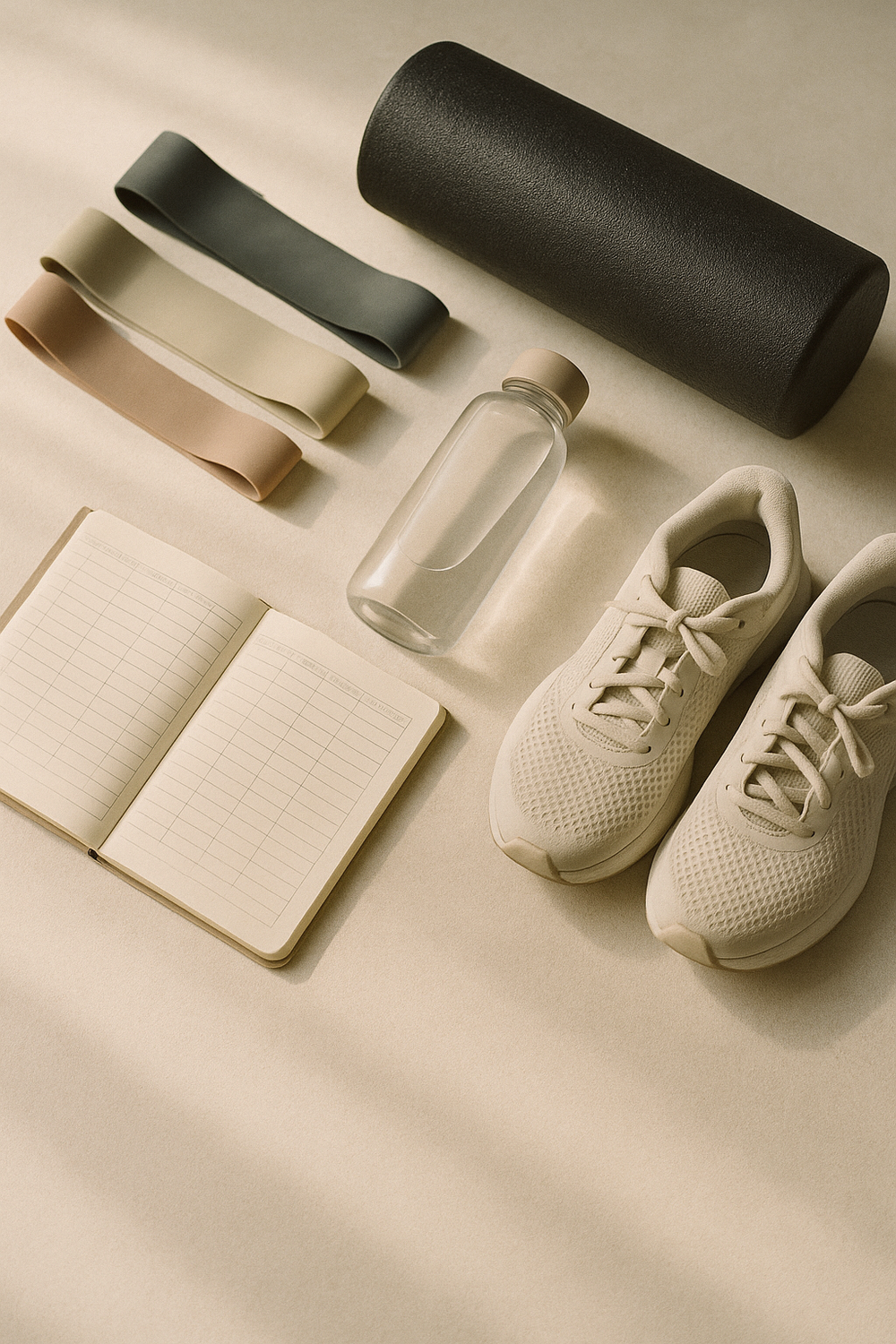 A meal prep scene on a clean kitchen counter with small containers of food, a notepad with handwritten notes, and a glass of water in soft natural light. No faces, no hands, no logos.