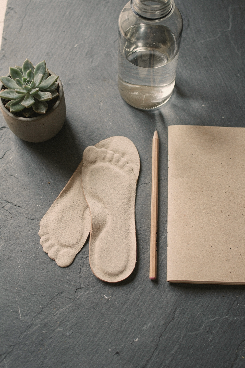 A pair of bare-foot-shaped shoe insoles, a simple notebook, a pencil, a small succulent plant, and a glass water bottle