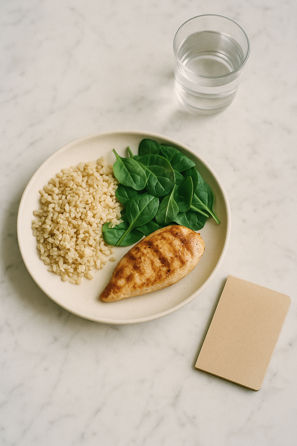 A balanced plate with grains, greens, and a protein source, a glass of water, and a small notebook with a handwritten time note. , no text, no logos
