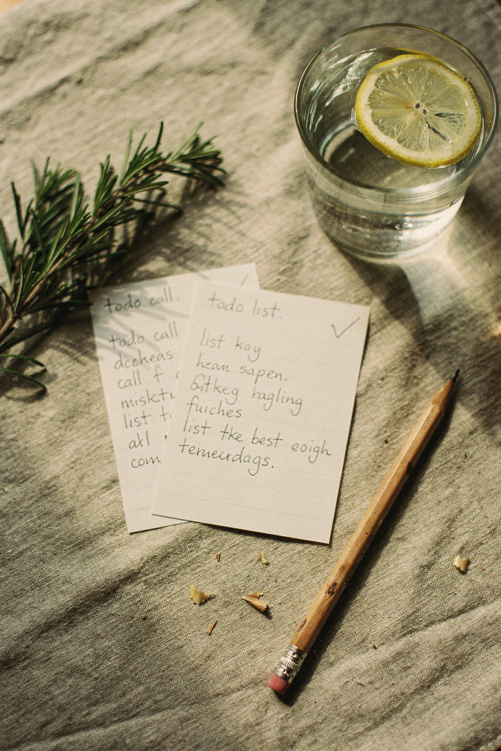 Three index cards with to-do items, a pencil, and a glass of water with lemon on a linen tablecloth
