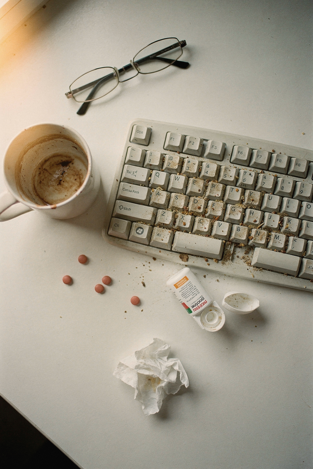 Dusty keyboard, coffee mug with stain rings, ibuprofen bottle, and reading glasses on a white desk