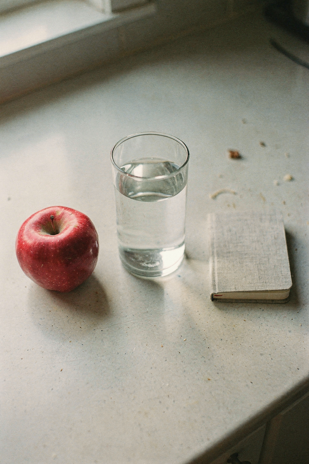 An apple, a glass of water, and a small journal