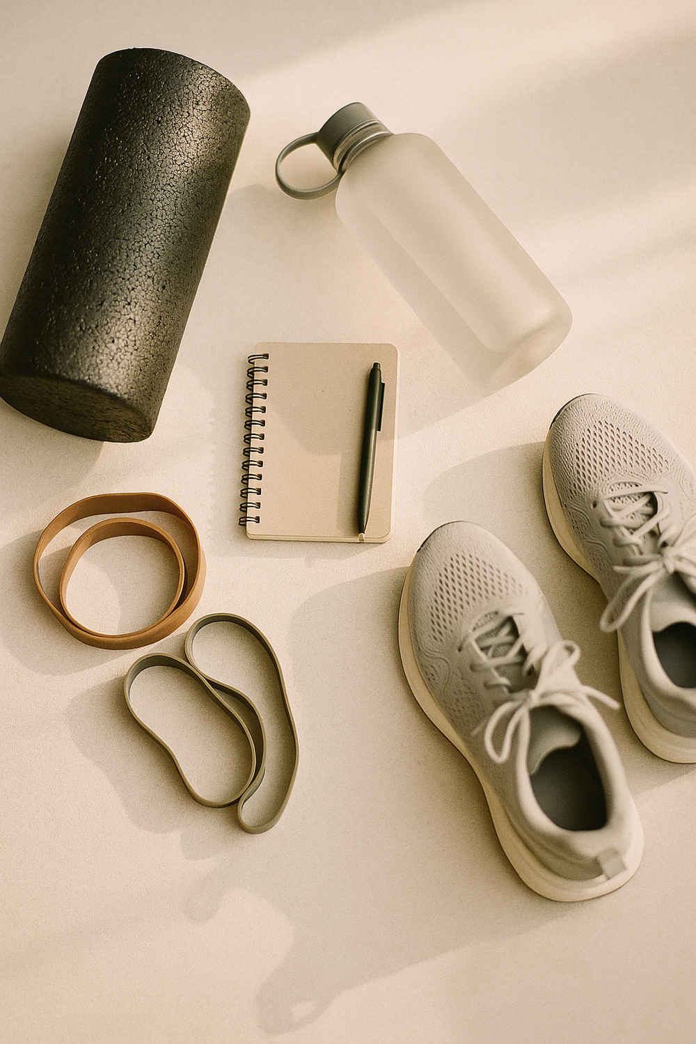 A yoga mat rolled out on a light wood floor beside a small notebook open to a blank weekly log, a water bottle standing upright, and a resistance band folded neatly to one side. Natural light from a nearby window. No faces, no hands, no logos.