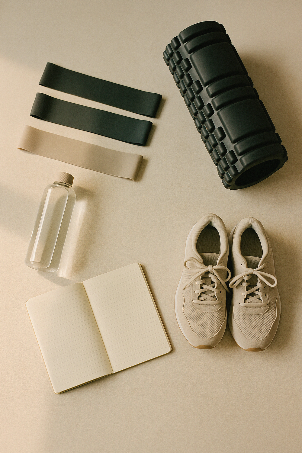 A flat lay of a sleep mask, a small glass of water, a folded hand towel, and a foam roller resting on a light linen surface. Warm neutral light, calm and minimal. No faces, no hands, no logos.