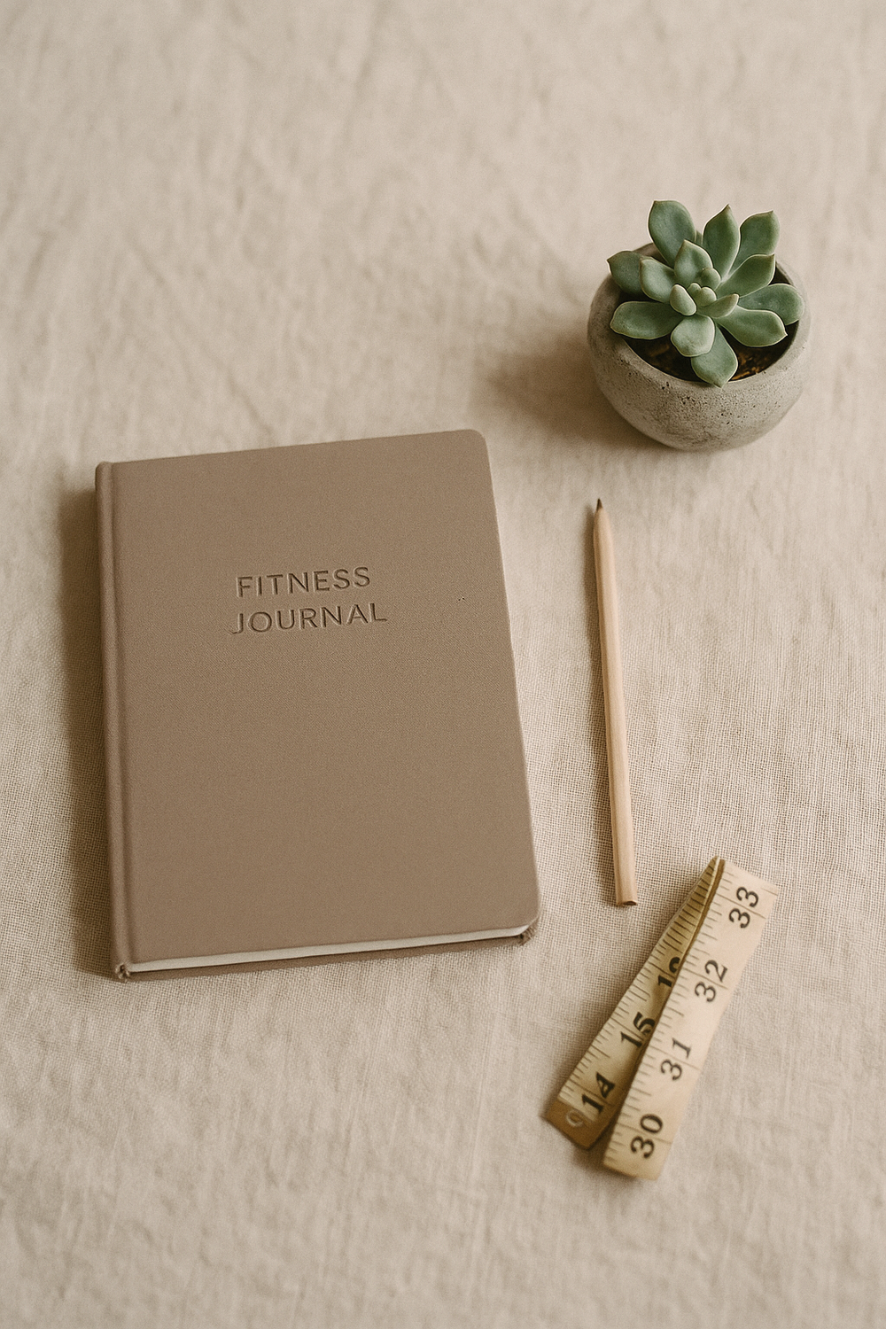 A simple flat lay of a closed fitness journal, a pencil, a folded measuring tape, and a tiny succulent in a stone pot. , no text, no logos