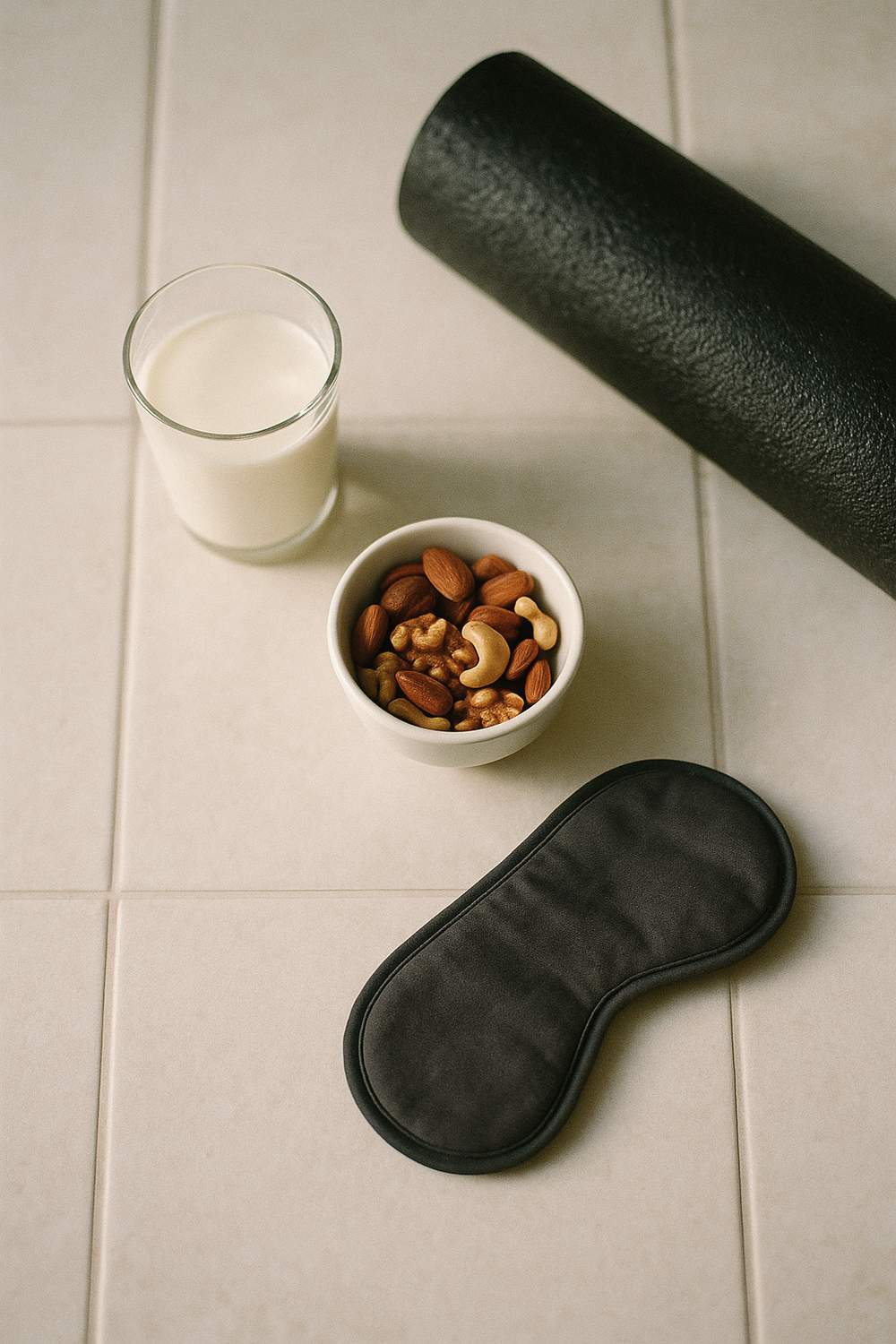A glass of milk, a small bowl of mixed nuts, a foam roller lying at the edge, and a sleep mask folded beside them. , no text, no logos