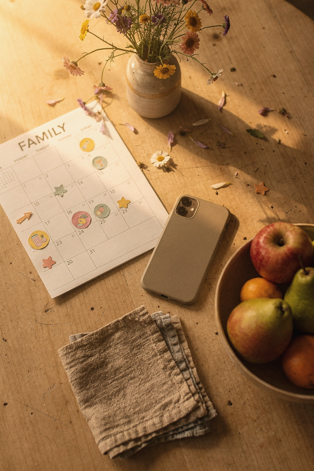 A phone face-down, a family calendar with stickers, a small vase with wildflowers, cloth napkins, and a fruit bowl