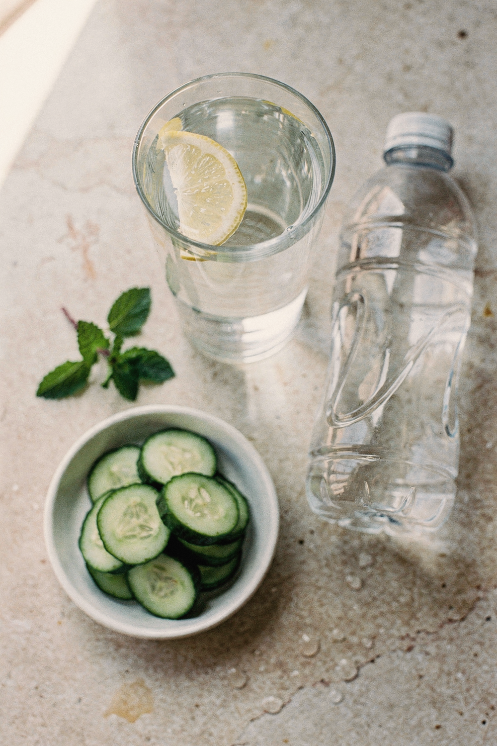 A tall glass of water with a wedge of lemon, a full water bottle, a small dish of sliced cucumber, and a sprig of mint. , no text