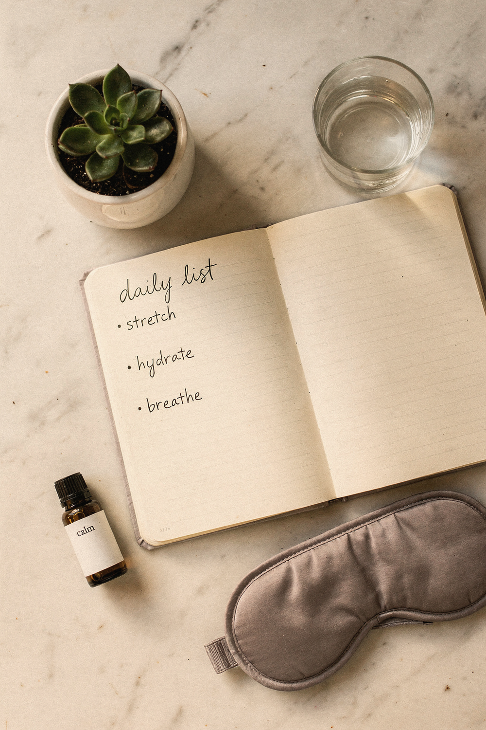 Journal open to a handwritten list, succulent, glass of water, and a folded sleep mask