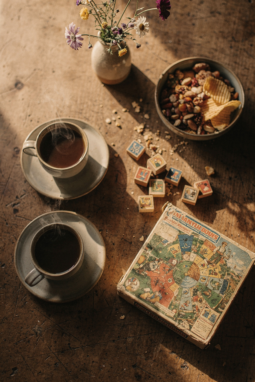 Two cups of coffee, a board game box with pieces beside it, a bowl of snacks, and a small vase of wildflowers. 85mm lens, f/2. 8, Kodak Portra 400 tones. , no text, no logos