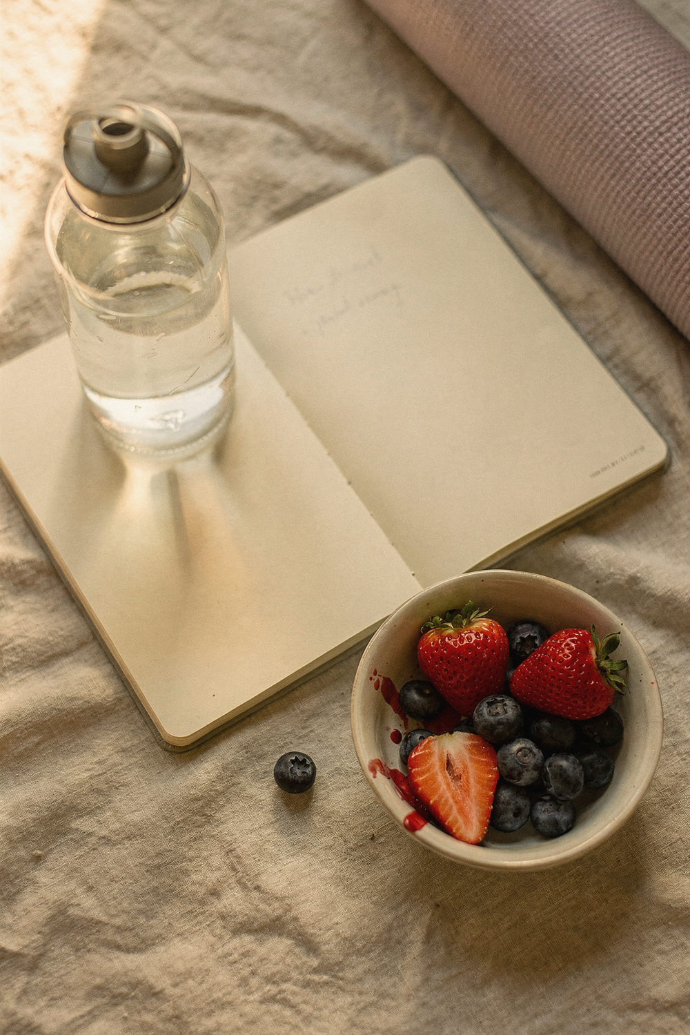Open journal with handwriting, water bottle, and a bowl of fresh berries on linen