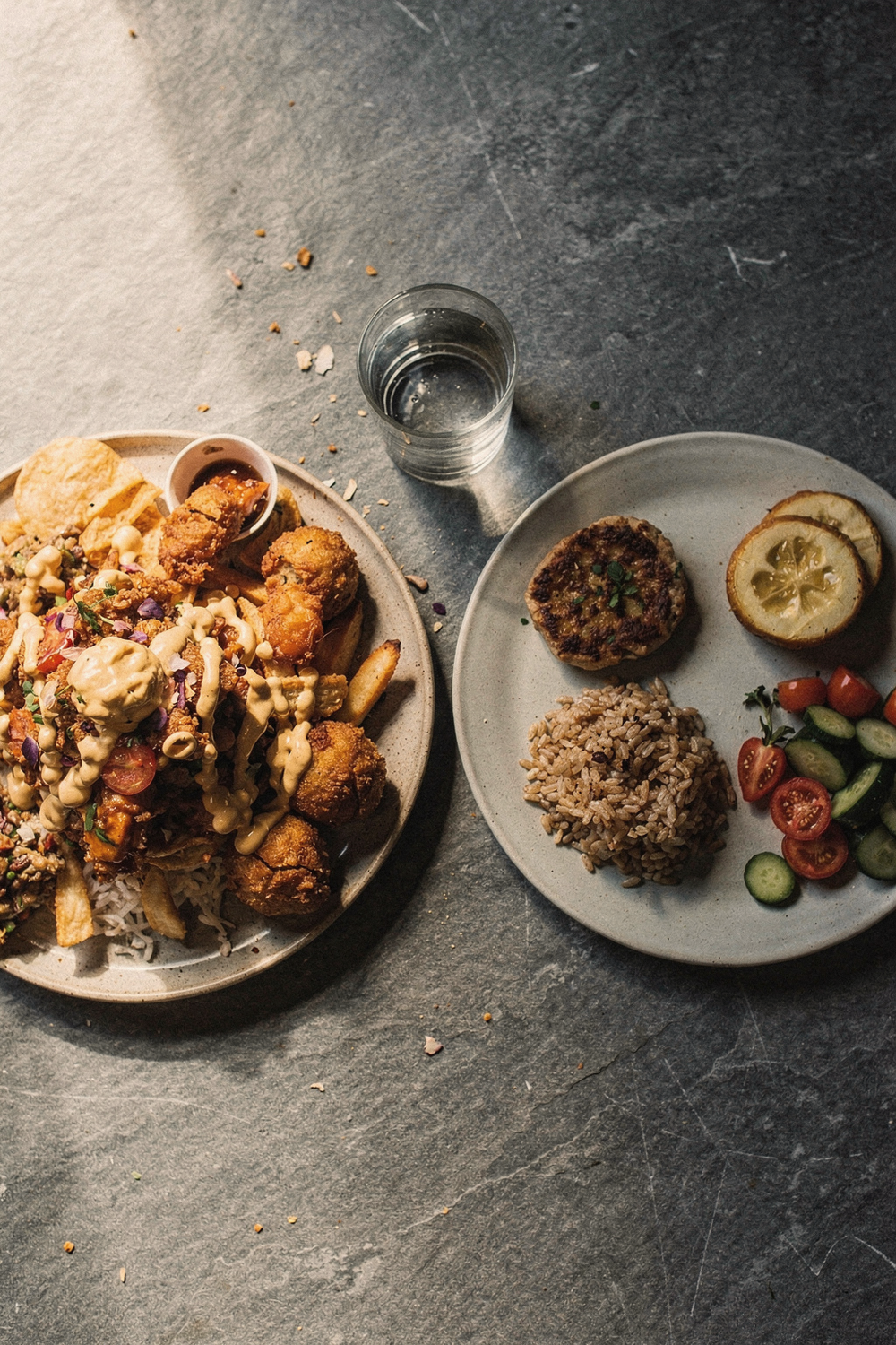 Two plates comparing processed food versus a balanced meal