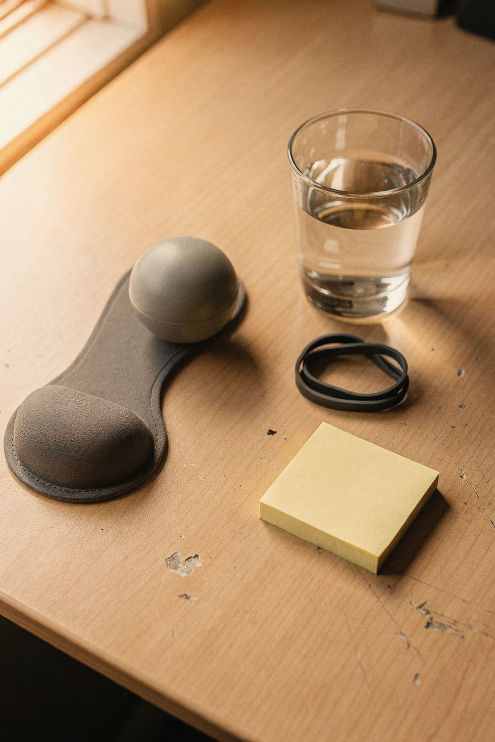 Ergonomic wrist rest, stress ball, glass of water, small stretch band, sticky note reading 'move'